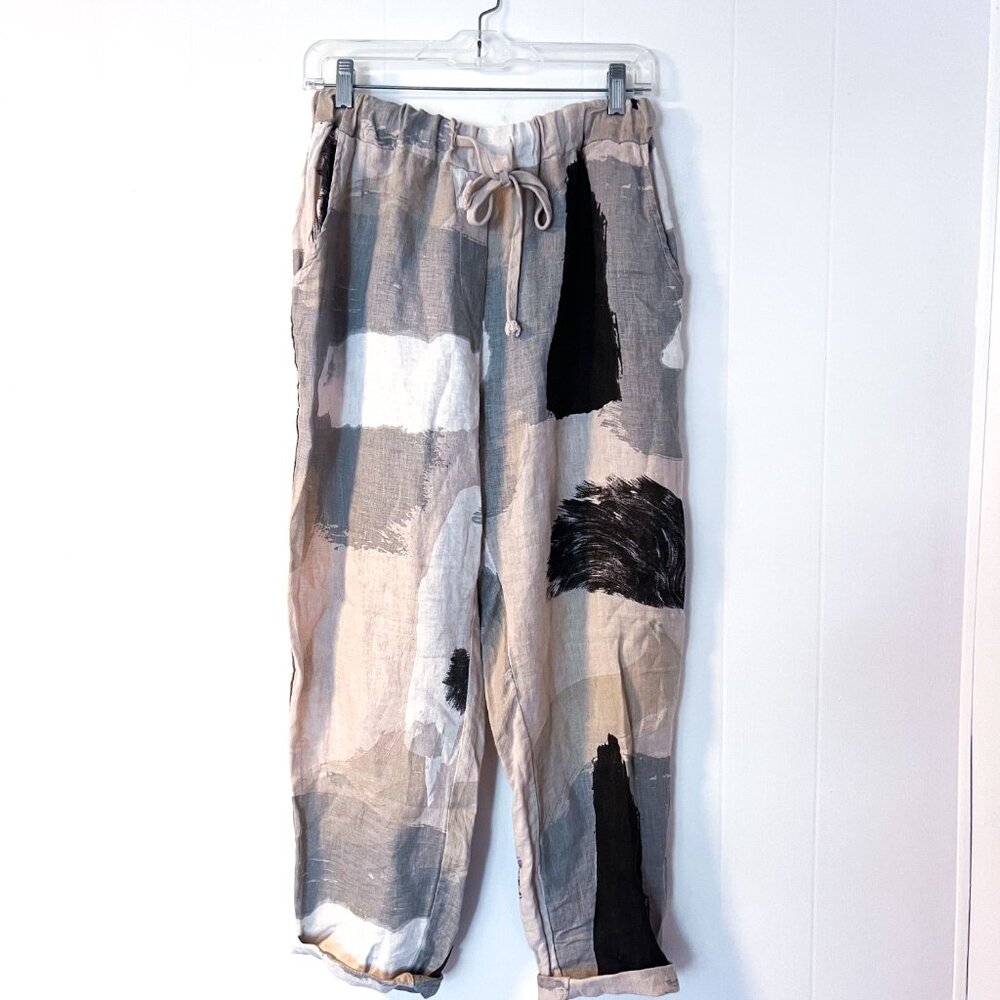 Tempo Paris Flora Silver Brush Stroke Linen Wide Leg Pull-On Pants Medium - Picture 5 of 14